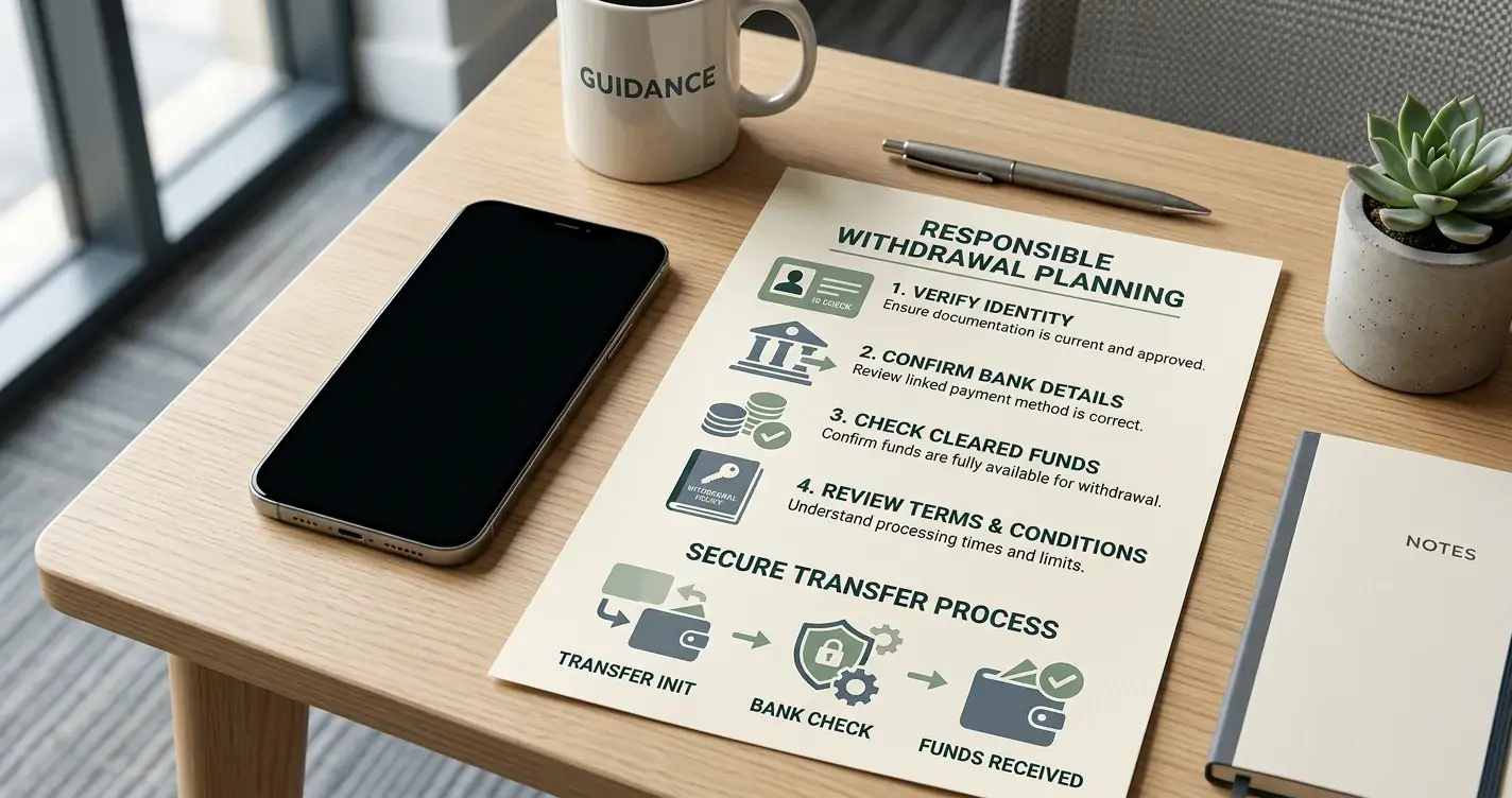 Spreadex withdrawals checklist with UK bank transfer and verification symbols